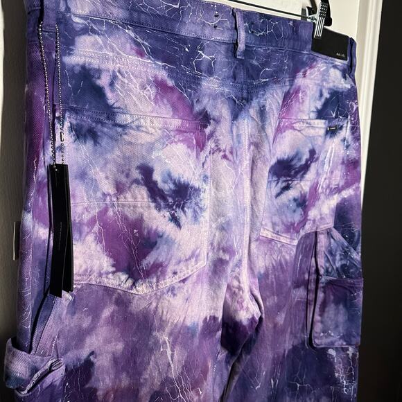 NEW Amiri Men's Cracked Tie Dye Carpenter Purple White Flare Wide Jeans Size 38 - Picture 9 of 16